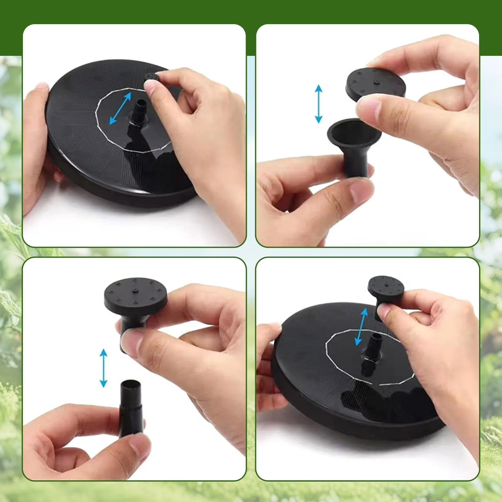 Solar fountain pump with interchangeable spray heads