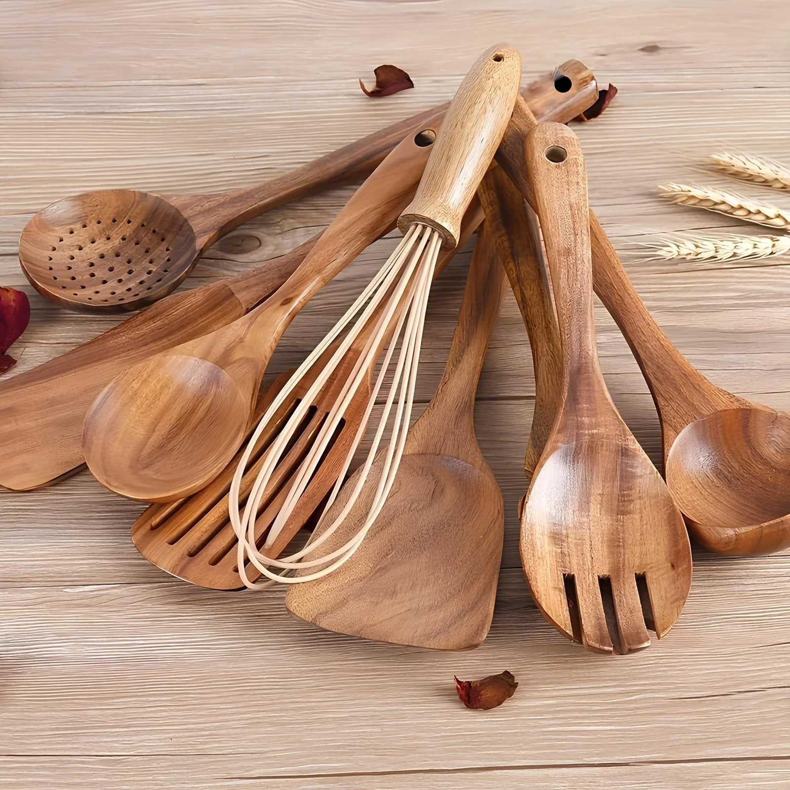Teak Kitchen Utensil Set Holder 11-Piece Natural Wood Tools - Image 3